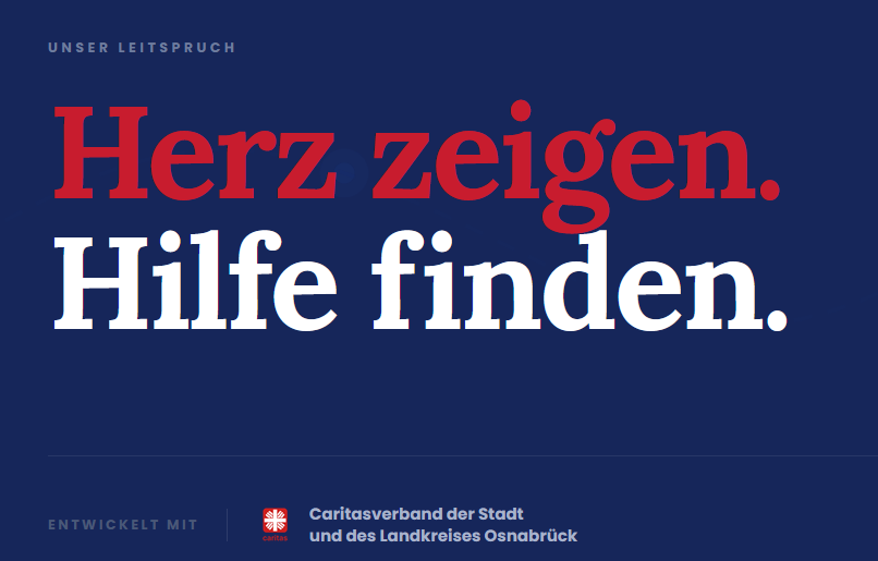 Rot-weißer Schriftzug "Herz zeigen, Hilfe finden" auf dunkelblauem Hintergrund